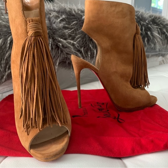Gently used Christian Louboutin Otoka 120 peep-toe booties with fringe accent - Picture 2 of 8